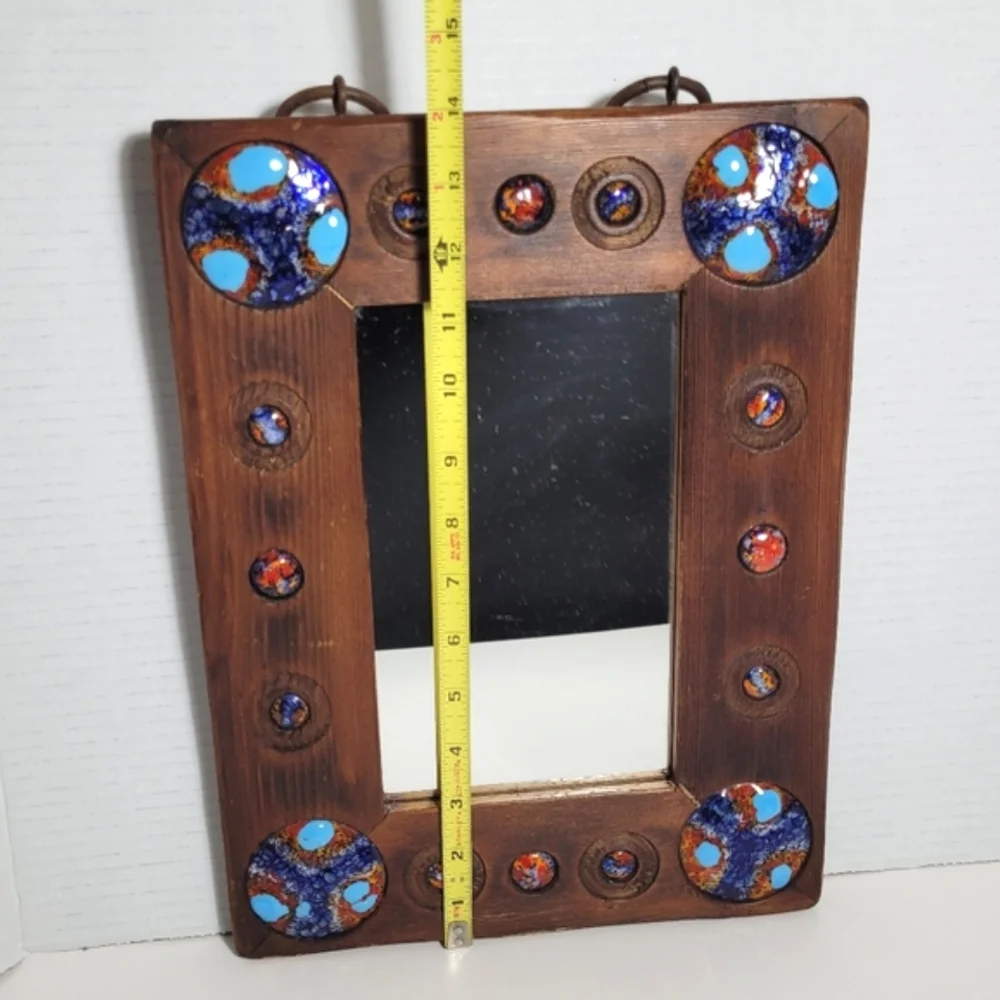 Wooden Mirror with Copper Enamel Decoration by Capo Esmaltes Circa 1960 w Label